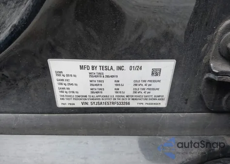 2024 Tesla Model S из США, поврежденный, VIN 5YJSA1E57RF533266